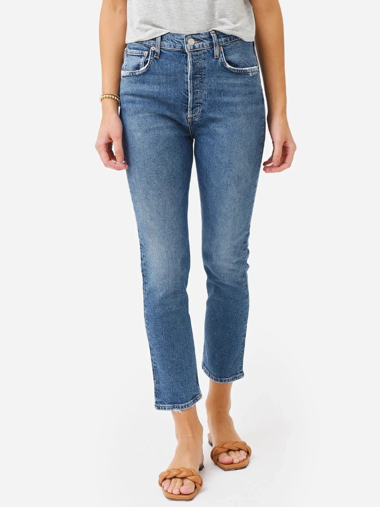Agolde Women's Riley High Rise Straight Crop Jean Size 26 Dark Wash Button Fly